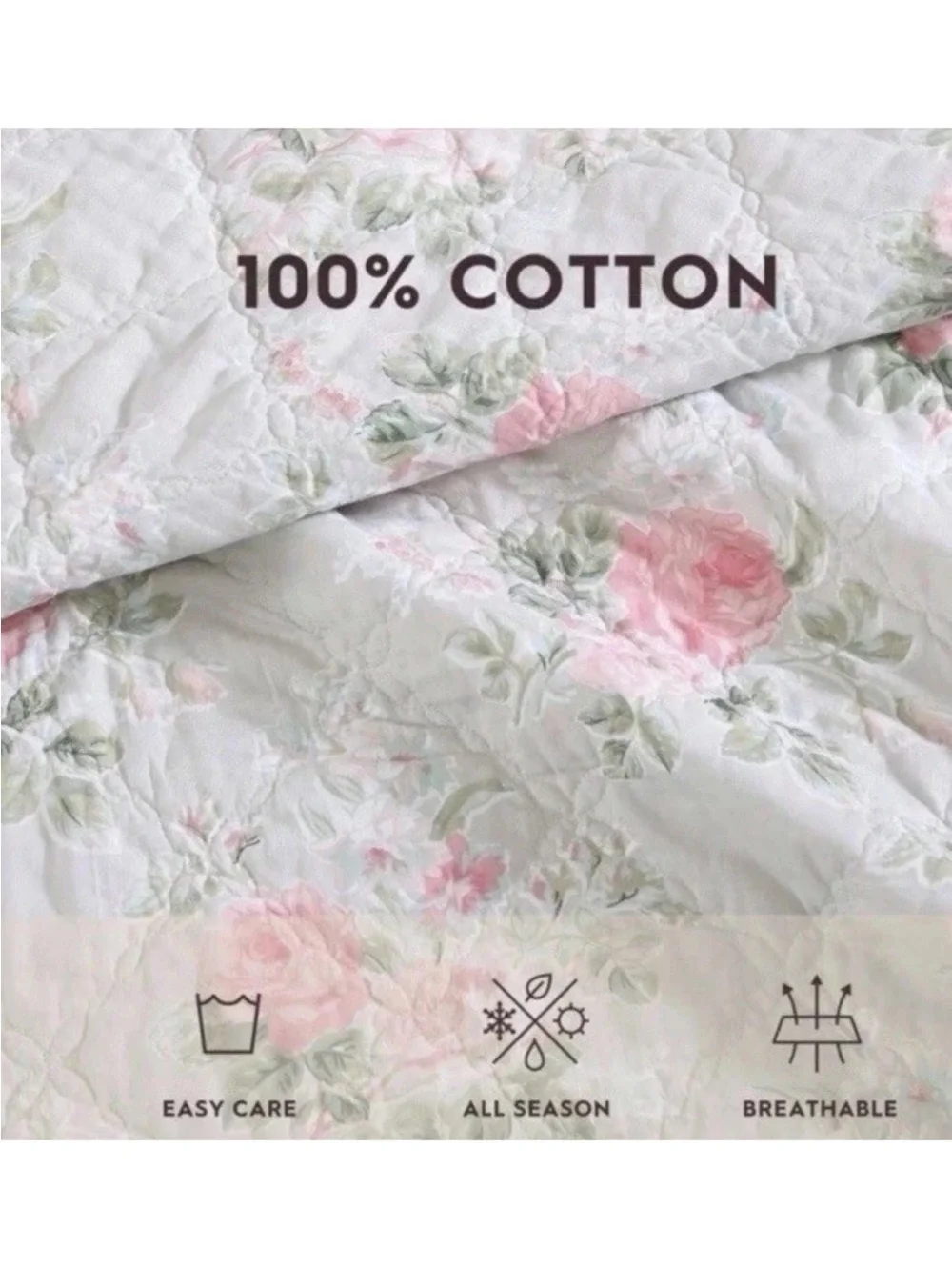 Laura Ashley Full/Queen Melany Pink Floral Reversible QUILT 3pc Set 100%Cotton